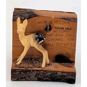 Vintage Wood Deer Fawn Napkin Holder "WE GIVE THEE THANKS" Niagara Falls...